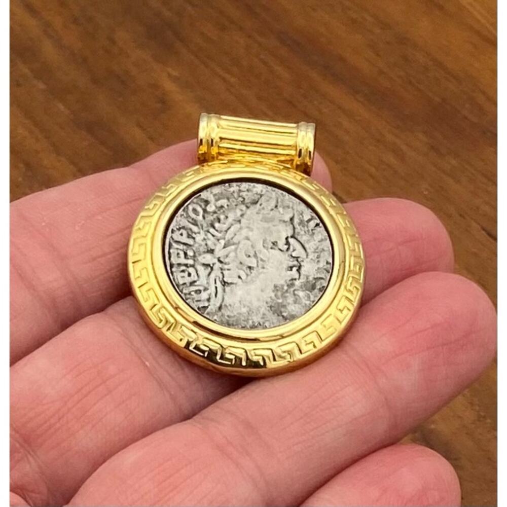 Vintage Roman Coin Replica Slide Pendant Greek Key Gold Tone Border